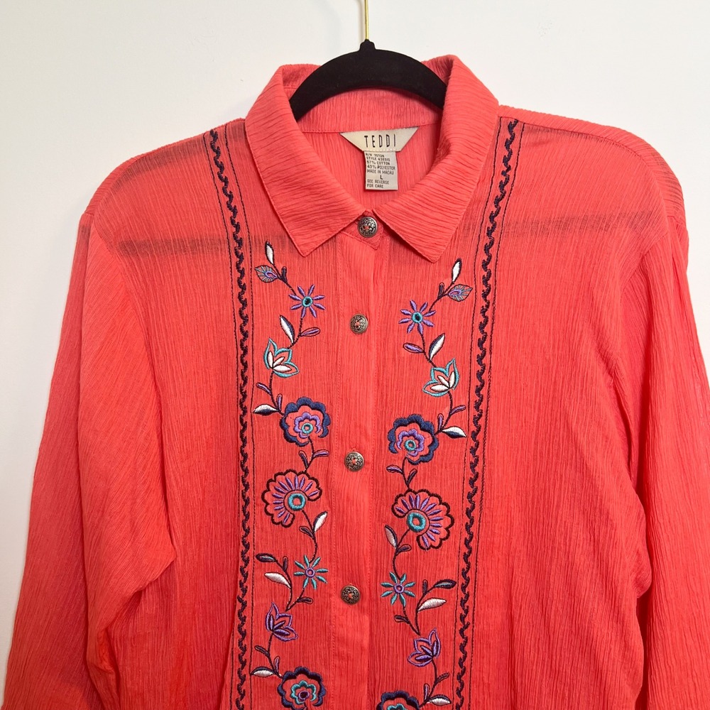 Teddi Embroidered Floral Button Down Gauzy 3/4 Sleeve Coral Top‎ Blouse - Picture 5 of 12